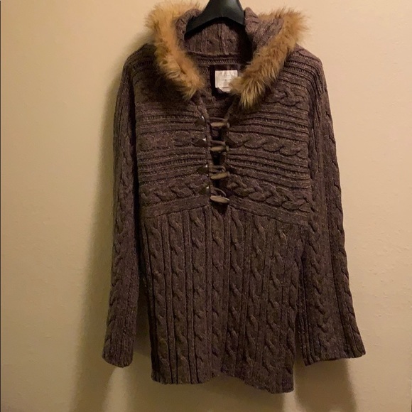 Old Navy Cable knit hooded sweater faux fur trim - Picture 4 of 5